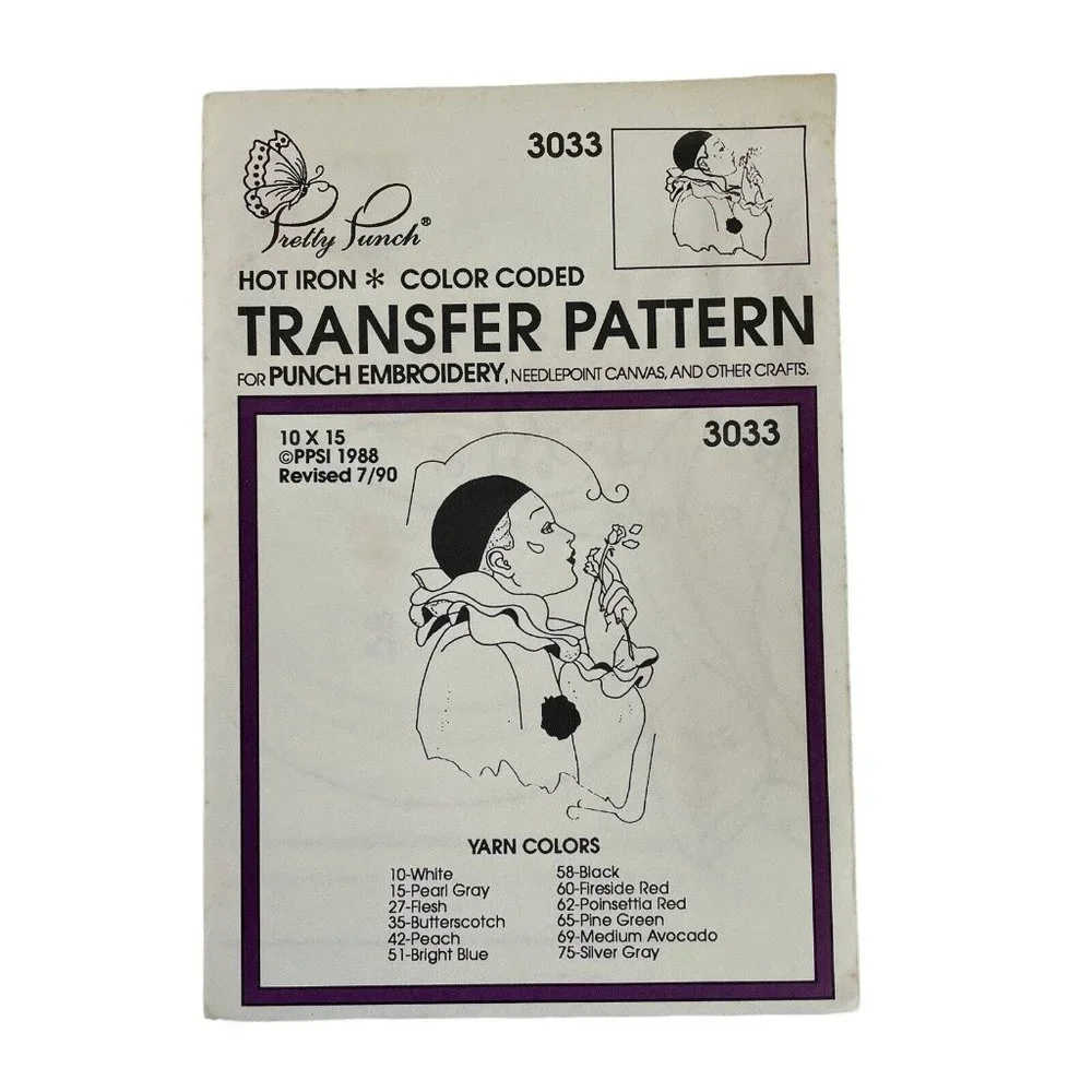 Pretty Punch Hot Iron Transfer Pattern‎ For Punch Embroidery Harlequin Clown Lot
